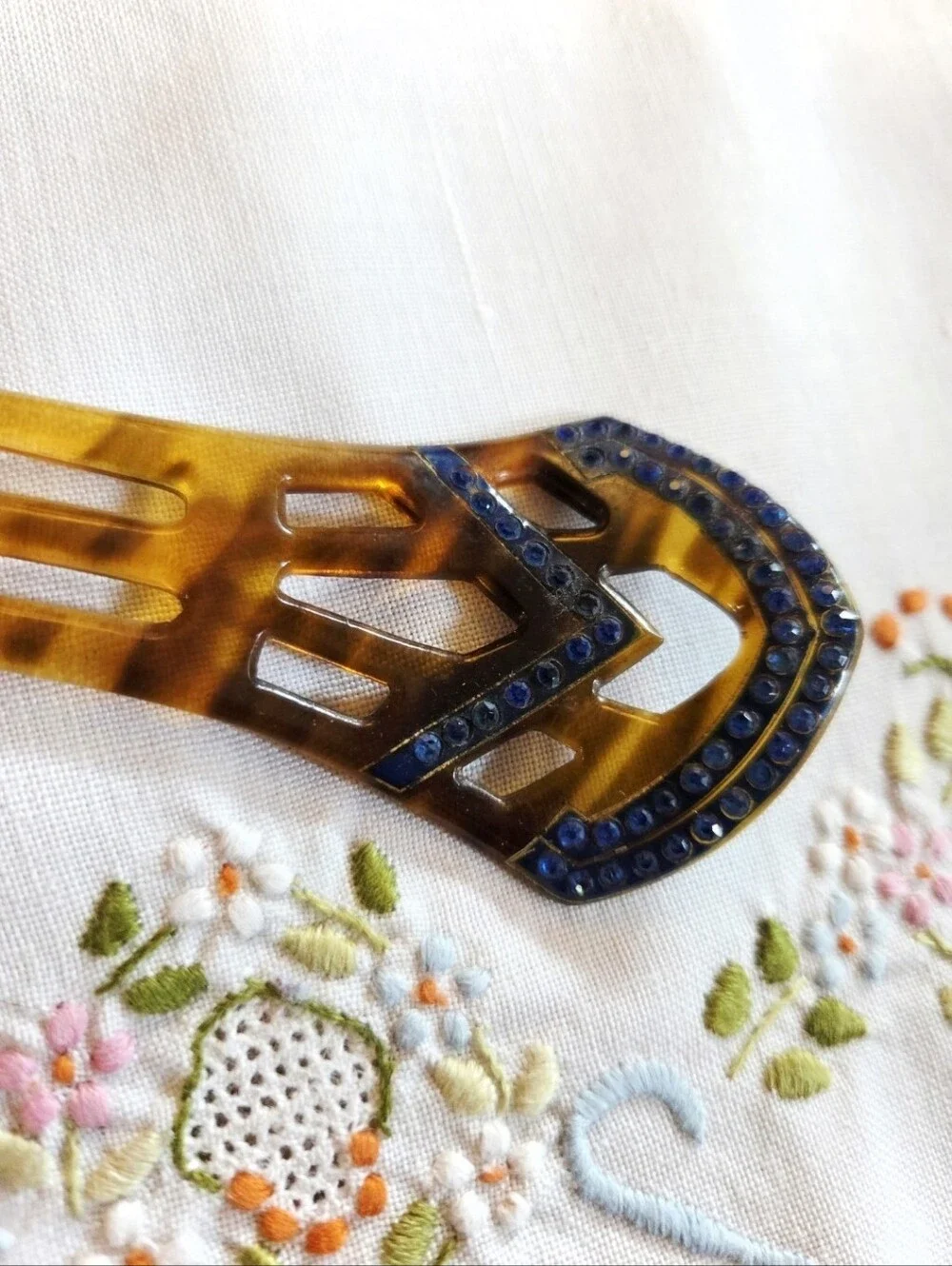 Vintage French Art Deco Celluloid Tortoise Blue Rhibestone Hair Comb